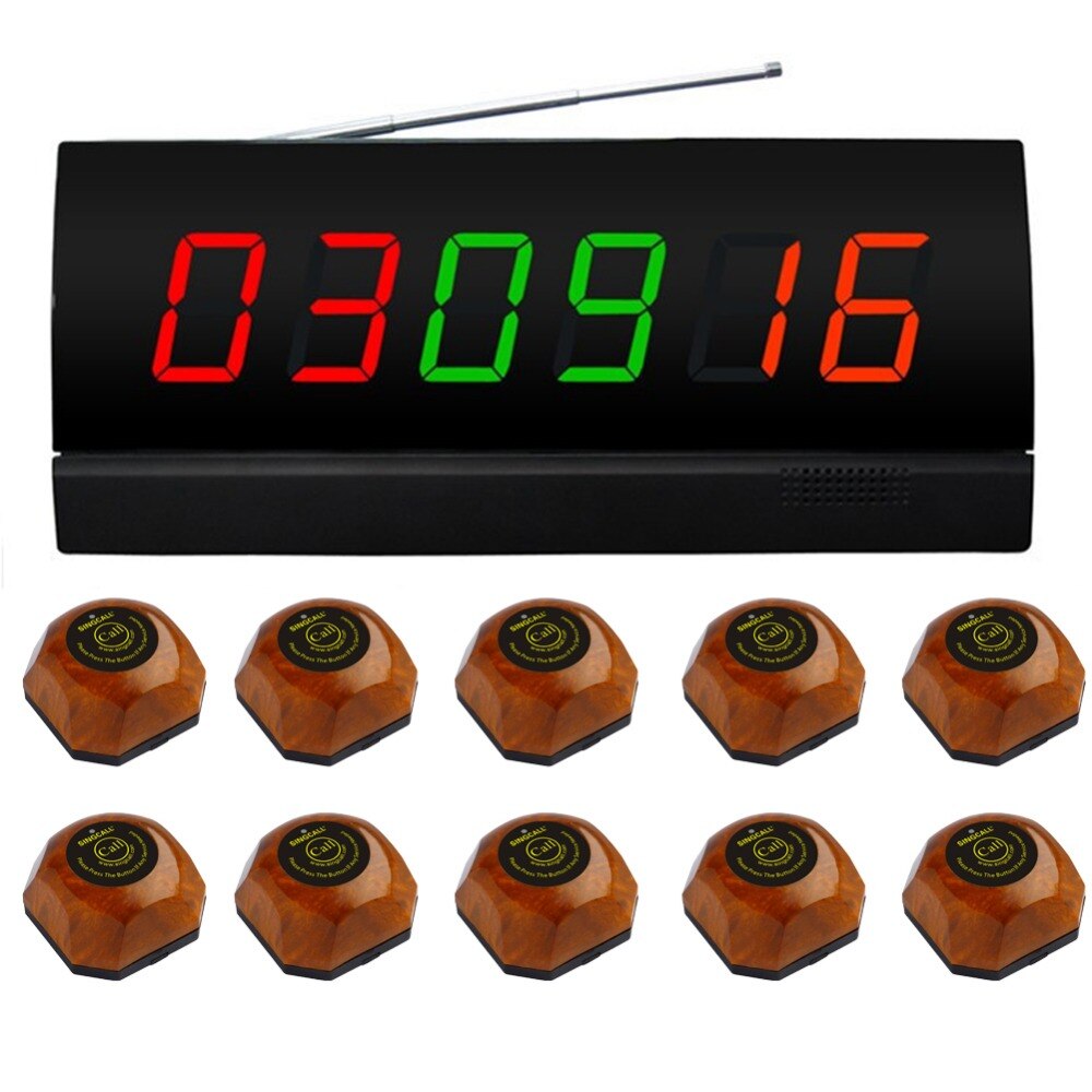 SINGCALL Wireless Table Calling Button,10 Brown Single Call Bell and 1 Display for Restaurant, Coffee Shop APE2300 and APE560